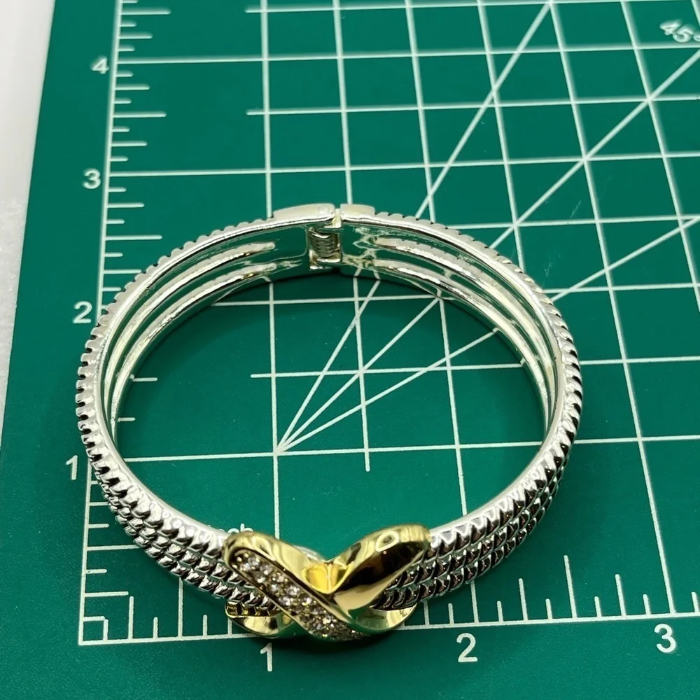 Rope Bracelet Love Crossover Silver Tone Cable Hinged Rhinestone Bangle Chunky